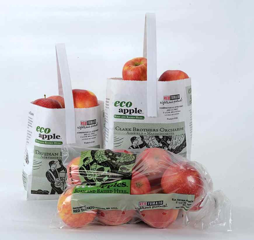 Artist Anthony Russo's artwork showing stylized orchard harvest on paper apple totes and polybags.