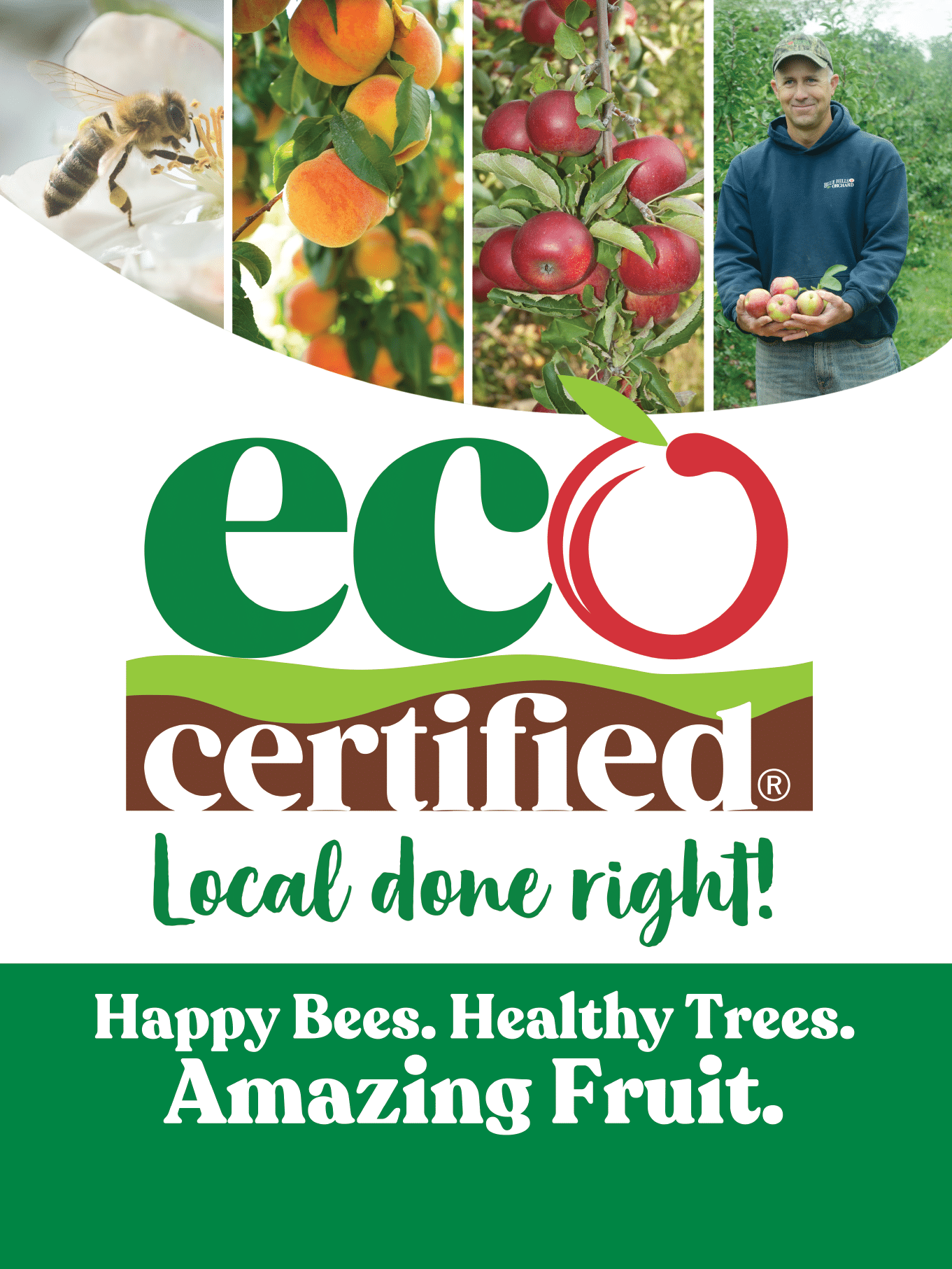 EcoCertified Poster: Ecocertified, Local done Right. Happy Bees, Healthy Trees, Amazing Fruit.